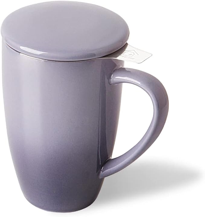 Sweejar Porcelain Tea Infuser Mug with Lid, 16 oz Teacup with Strainers for Loose Leaf Tea, Microwave and Dishwasher Safe Coffee Mug(Gradient Purple)
