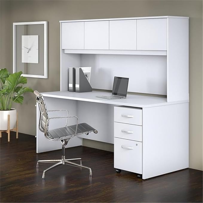 Pemberly Row 72W Office Desk with Hutch and Drawers in White - Engineered Wood