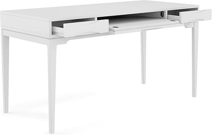 SIMPLIHOME Harper Desk - 60-Inch Wide Solid Hardwood Writing Desk in White, Mid-Century Modern Home Office Computer Table for Workspace or Study with 2 Drawers and Flip-Down Keyboard Tray