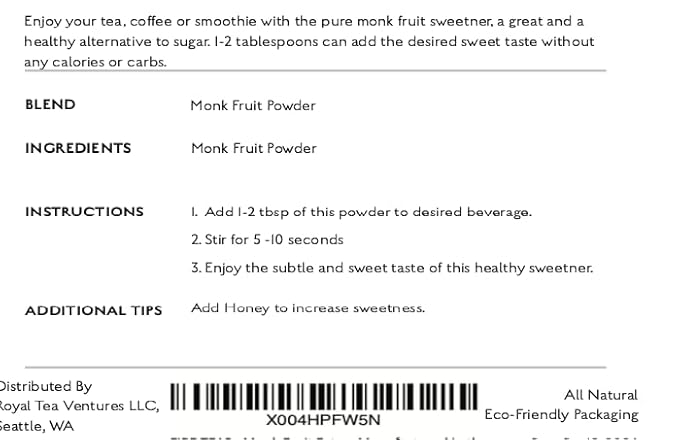 FIRE TEAS Monk Fruit Powder - All Natural Sugar Free Sweetener - No Erythritol, Keto & Paleo Diet Friendly, No Aftertaste, Zero Calories, Zero Carbs, Healthy