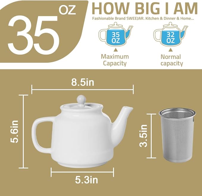Sweejar 35 oz Porcelain Tea Pot, Teapot with Removable 18/8 Stainless Steel Infuser, Microwave & Dishwasher Safe Tea Maker, Tea Infuser Pots for Blooming loose Leaf Tea,Chrismas Women Gift (Turquoise)