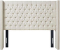 Madison Park Amelia Upholstered Headboard | Nail Head Trim Wingback Button Tufted | King, Cream