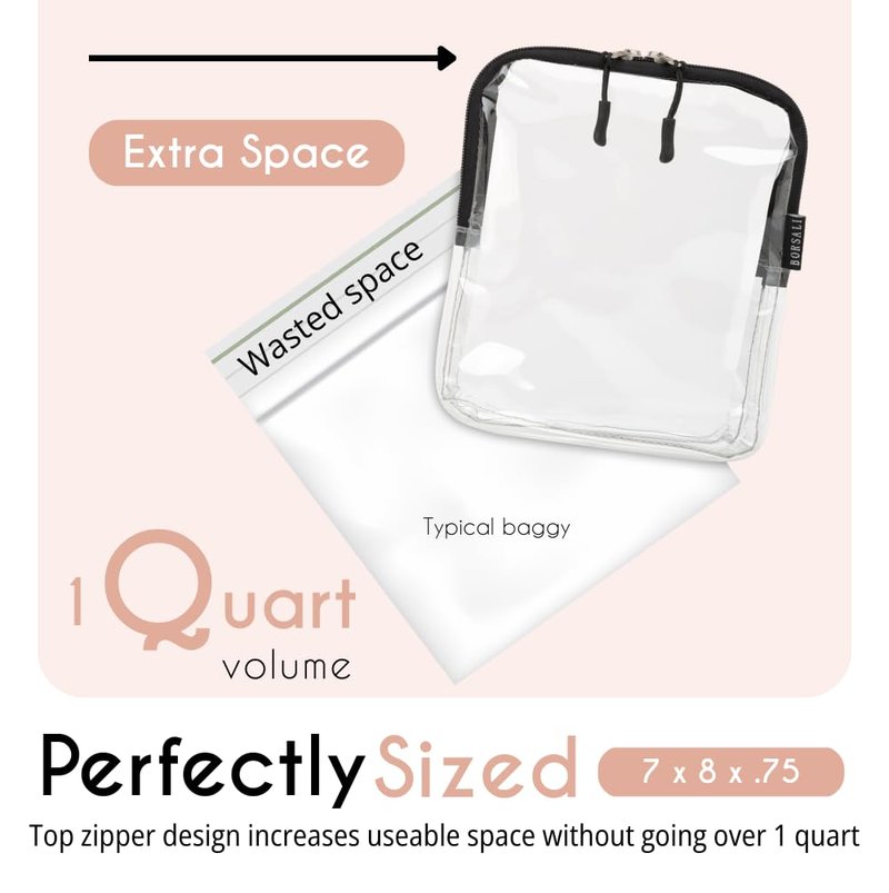 BORSALI TSA Approved Toiletry Bag - Clear Quart Size for 3-1-1 Carry On Travel - Makeup Organizer Cosmetic Pouch with Zipper - Travel Accessories - 5 Pack Colors
