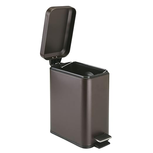 mDesign Metal Freestanding Slim Toilet Bowl Brush and Holder + Rectangle Narrow 5 Liter / 1.3 Gallon Step Pedal Trash Can Wastebasket for Bathroom - Small, Compact Design - Set of 2 - Bronze