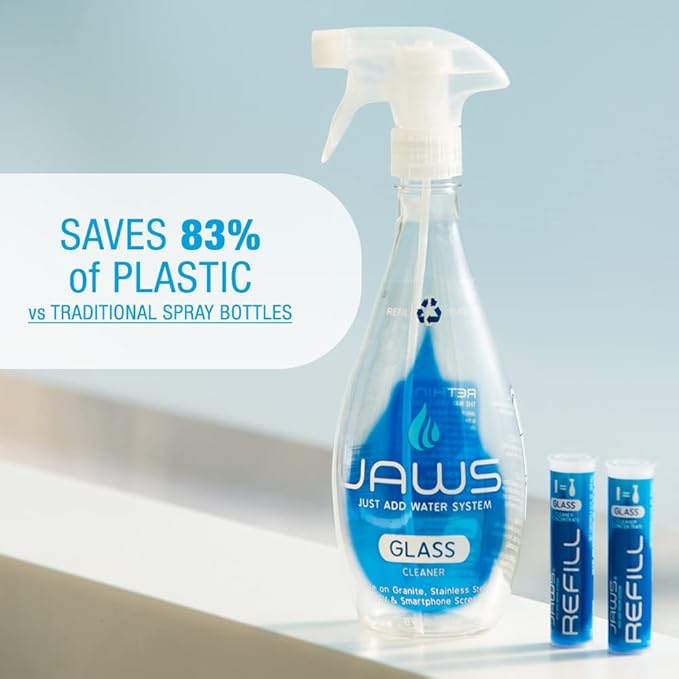 JAWS Glass Cleaner Bottle with 2 Refill Pods. Refillable Cleaning Supplies