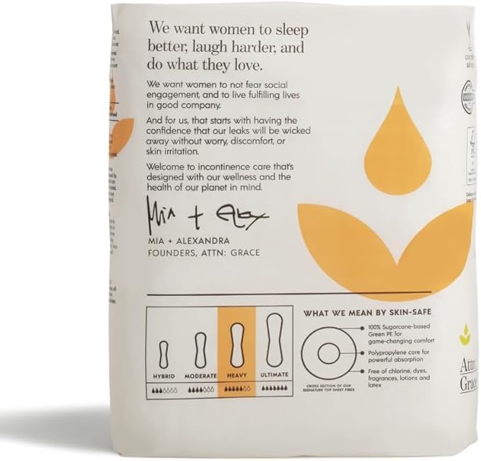 Attn: Grace Heavy Incontinence Pads for WomenWomen 2-Pack (56 Pads Total / 28 per Pack) - High Absorbency for Sensitive Skin | Protection for Heavy Bladder Leakage/Discreet, Breathable, & Plant-Based