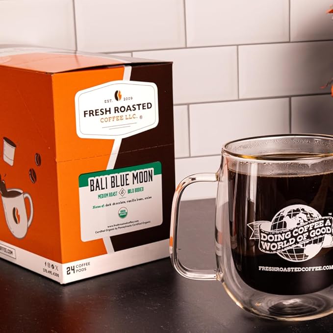 Fresh Roasted Coffee, Organic Bali Blue Moon | USDA Organic, Kosher | Medium Roast 72 Pods for K Cup Brewers