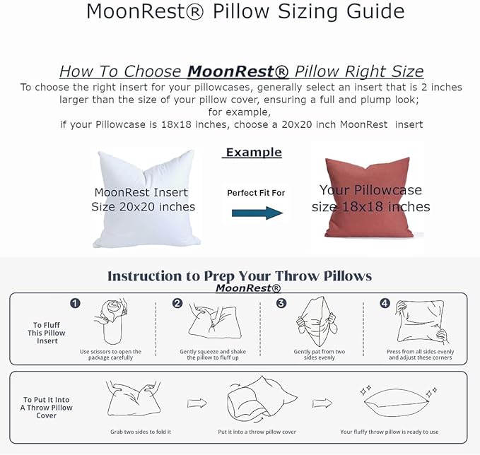 MoonRest® Synthetic Down Alternative 21x21 Square Pillow Insert Form, for Decorative Throw Pillow, Sofa, Cushions, Body and Bed - Pack of 2- Size 21” X 21”