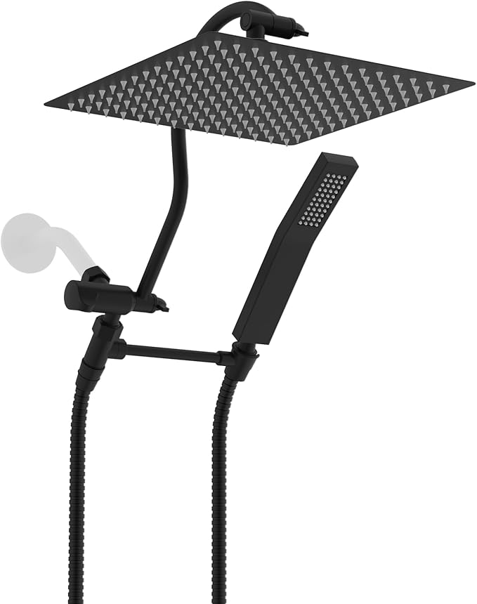 Hibbent All Metal Shower Head, 12'' High Pressure Rainfall Shower Head, Showerhead Combo, Handheld Shower Wand, 12'' Adjustable Curved Shower Extension Arm, 71'' Hose, Shower Head Holder, Matte Black