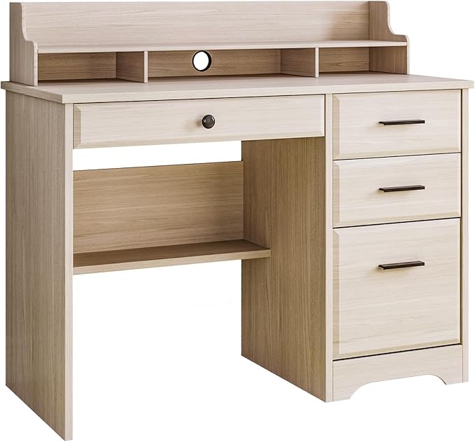 4 EVER WINNER Small Desk with Drawers, Computer Desk with File Cabinet & Monitor Stand, Home Office Desks with Drawers, Wood Writing Desk for Bedroom, Off White