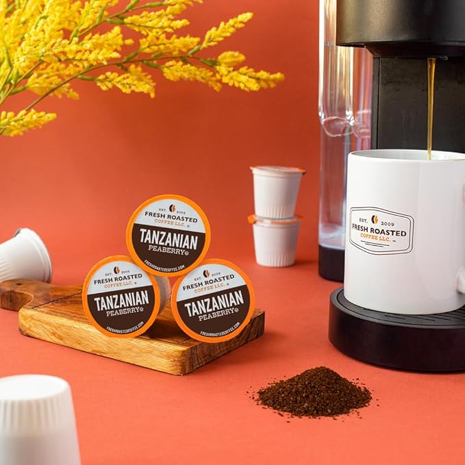 Fresh Roasted Coffee, Tanzanian Peaberry, Light Roast, 24 Pods for K Cup Brewers