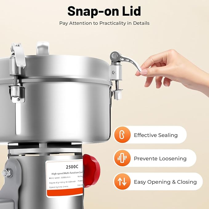 2500g Electric Grain Mill Grinder 4500W, High-Speed Commercial Spice Grinder 32000 RPM 304 Stainless Steel, 50-300 Mesh Adjustable for Grains, Herbs, Spices, and More