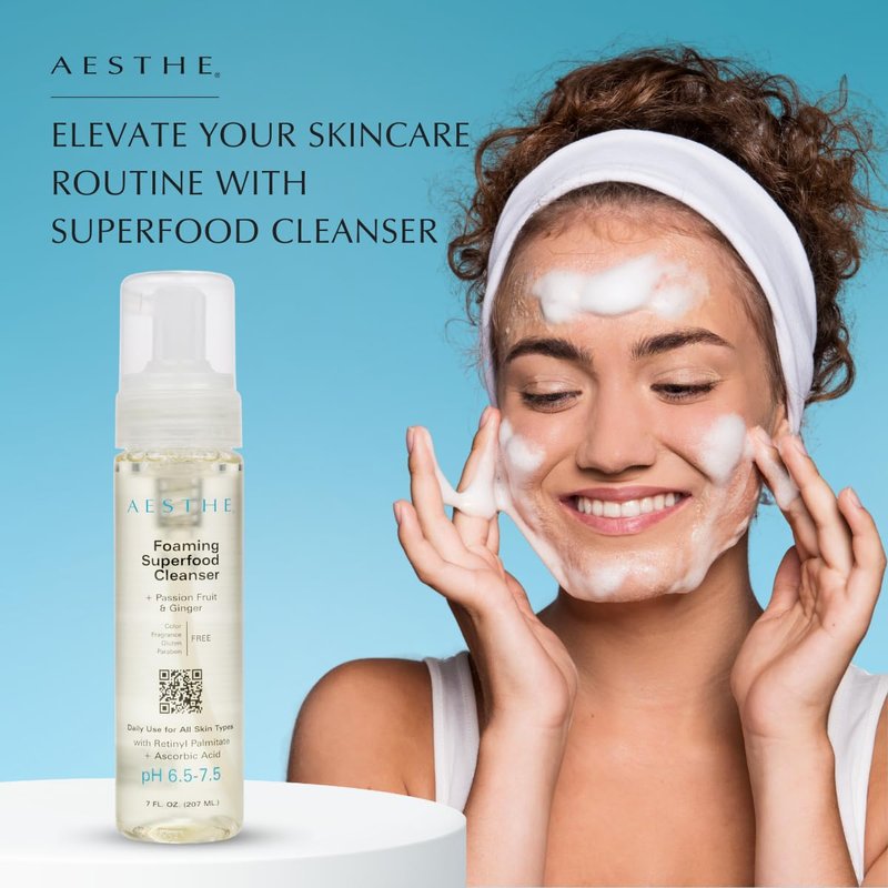 Aesthe Foaming Superfood Face Cleanser - Passionfruit & Ginger - Gentle Cleaning Formula for All Skin Types - Oily, Combination, Dry, Normal, Sensitive - Remove Makeup, Cleanse, Hydrate - 7 fl oz