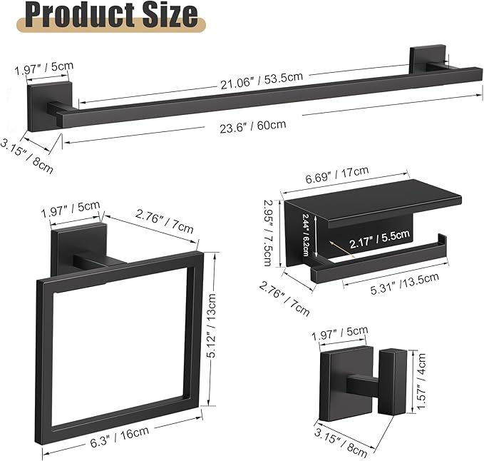 YACVCL 5-Pieces Matte Black Bathroom Hardware Accessories Set 23.6 Inch Towel Bar Set Upgraded Toilet Paper Holder with Shelf Stainless Steel Wall-Mounted Bathroom Hardware Set