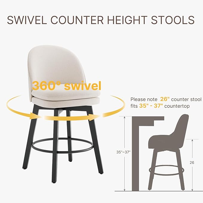 Counter Height Barstools 26 inch Upholstered Swivel Bar Stools with Back and Wood Legs for Kitchen Island,Set of 4,Beige Fabric-Armless