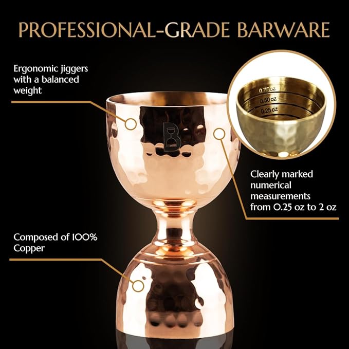 Hammered Bell Jigger by Bull In China - Premium 100% Copper with 0.25oz to 2oz Measures for Cocktails, Bars & Bartenders