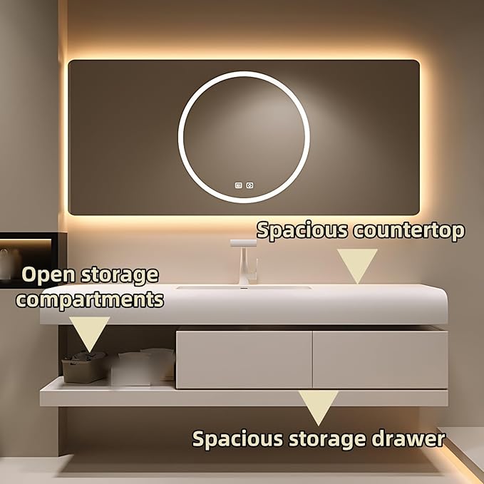 64IN Bathroom Vanity with Sink - Bathroom Cabinet Set has 2 Drawers & Overflow Hole Wall Mounted | LED Practical Defogging Mirror, Open Compartments, Seamless Rock Slab Basin (Coffee)