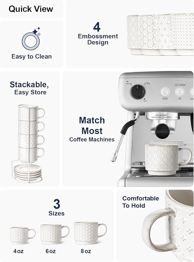 LE TAUCI Stackable Cappuccino Cups 6 oz with Saucers and Stand, Ceramic Embossed Coffee Mugs for Espresso Au Lait, Latte, Cafe, Mocha,Tea, Dishwasher Oven Safe - Set of 4, Arctic white