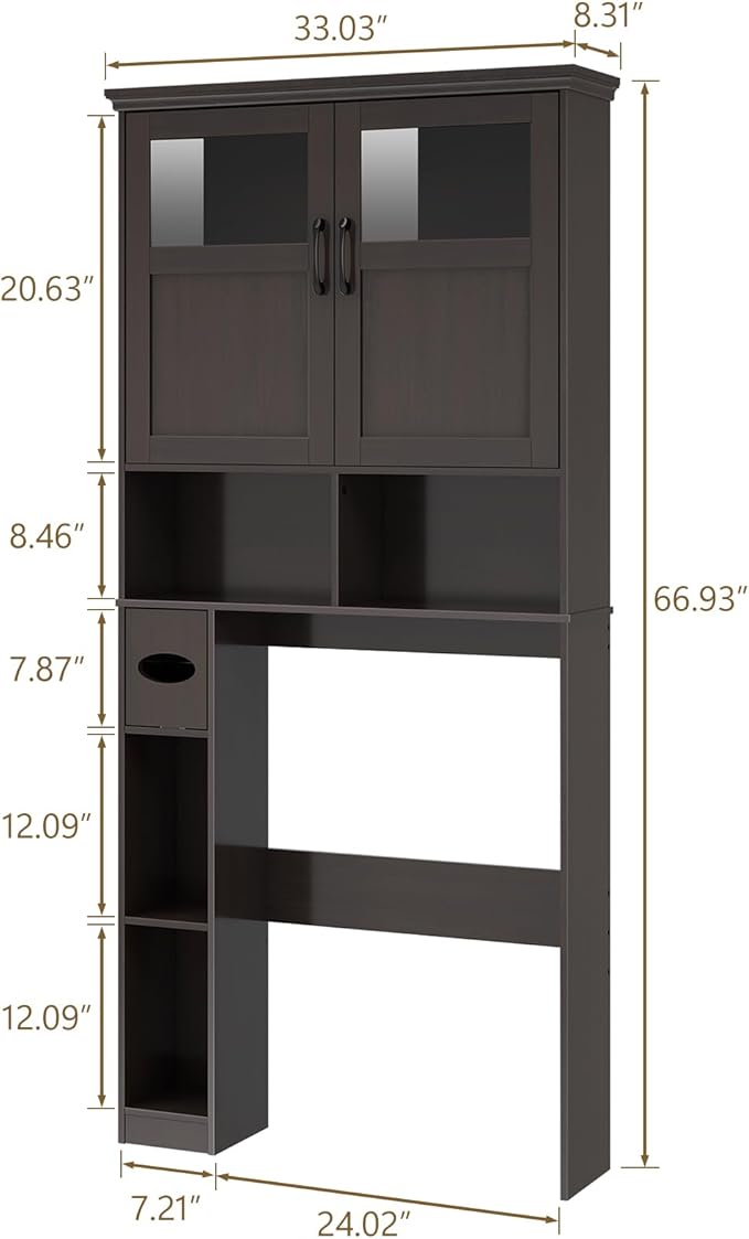 Over The Toilet Storage Cabinet, Storage Cabinet Over Toilet with Double Doors & Toilet Paper Holder Stand, Freestanding Toilet Shelf Space Saver with Anti-Tip Design & Adjustable Shelf, Espresso