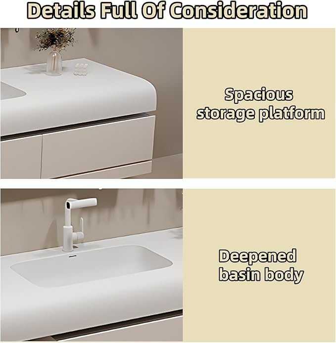 60IN Bathroom Vanity with Sink - Bathroom Cabinet Set has 2 Drawers & Overflow Hole Wall Mounted | LED Practical Defogging Mirror, Open Compartments, Seamless Rock Slab Basin (Khaki)