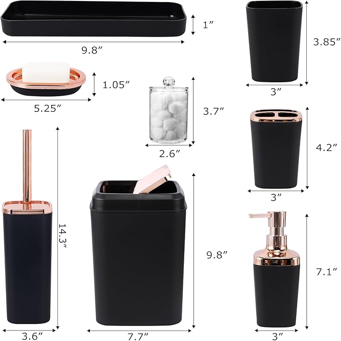 Black Bathroom Accessories, 9-Piece Black Bathroom Set with Trash Can, Vanity Tray, Soap Dispenser, Soap Dish, Toothbrush Holder, Toothbrush Cup, Toilet Brush and Qtip Holders