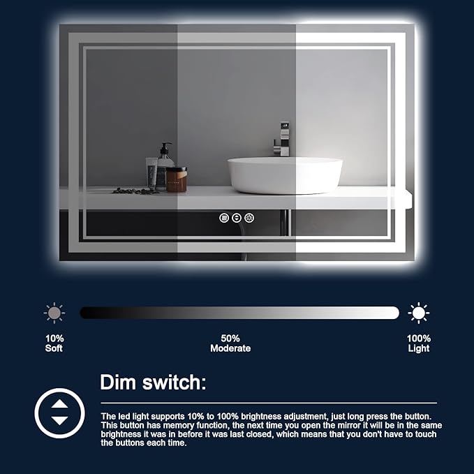 60x30 Inch LED Bathroom Mirror with Lights, Backlit and Front Lighted Bathroom Mirrors for Wall, Anti-Fog Dimmable Memory Shatterproof LED Vanity Mirror for Bathroom