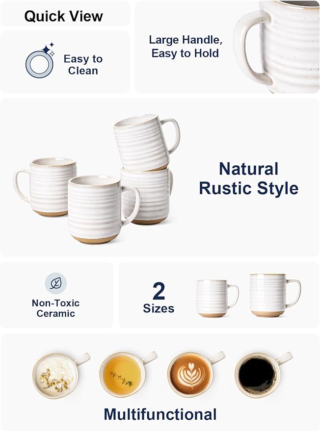 LE TAUCI Coffee Mugs 12 oz, Ceramic Coffee Cups for Latte, Hot Tea, Cappuccino, Mocha, Cocoa, Housewarming Wedding Present Mug Set - Set of 4, Arctic White