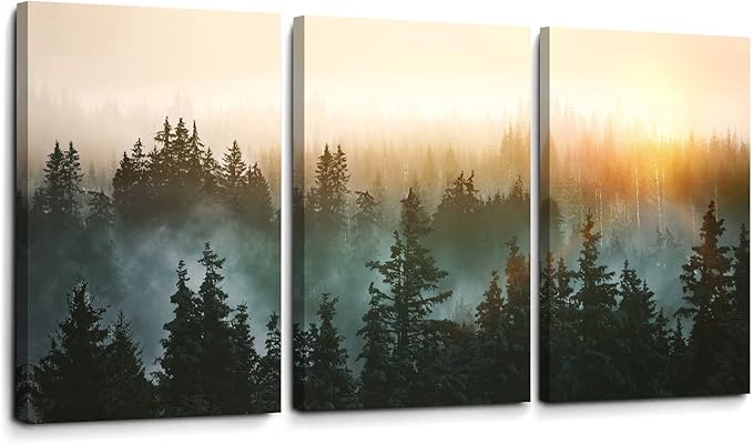 Forest Bathed in Sunlight Canvas Print Picture Painting Wall Art for Bedroom Living Room Framed 3 Piece Artwork Wall Decor for Bathroom Modern Room Plants Wall Decorations Size 16x24x3 Ready to Hang