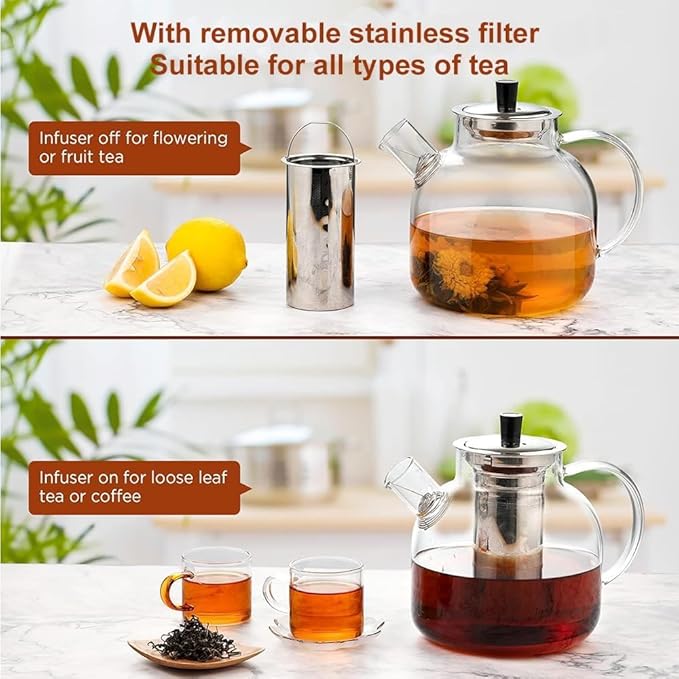 1500ml(50oz) Glass Teapot with Removable Infuser, Ehugos Stovetop Safe Large Tea Pot, Blooming and Loose Leaf Hand Crafted Kettle for Women and Adult with Stainless Infuser