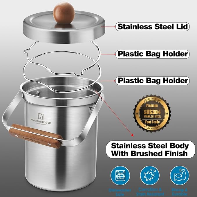 Kitchen Countertop Compost Bin 101ounces / 3Liters with Airtight Lid, SUS304 Stainless Steel Odor-Free Food Waste Bin with Wooden Handle Stylish Design/Bathroom Trash Can (Silver)