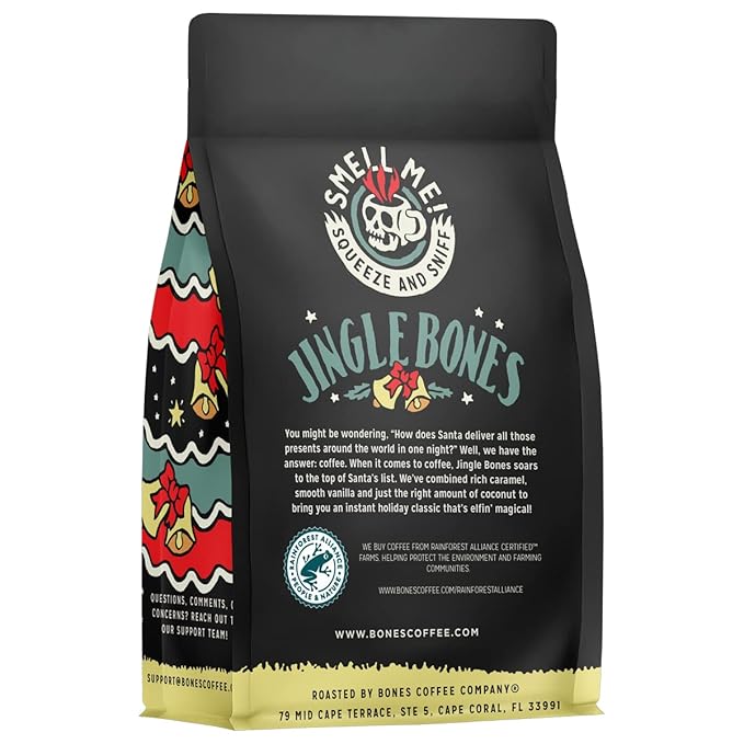 Bones Coffee Company Jingle Bones, Caramel Vanilla Coconut Flavored Coffee, Medium Roast Low Acid Arabica Beans Compatible with Auto drip and French Press Coffee Maker, 12 Oz Whole Bean