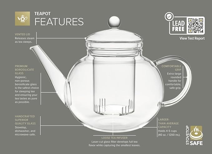 Teabloom Stovetop & Microwave Safe Glass Teapot with Removable Loose Tea Glass Infuser – Includes 2 Blooming Teas – 2-in-1 Tea Kettle and Tea Maker – Tea Purist's Choice