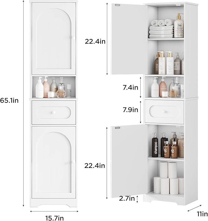 Maupvit 65" Tall Bathroom Storage Cabinet, Narrow Storage Cabinet with 2 Doors and Drawer, Bathroom Organizers with Adjustable Shelves for Living Room, Entryway, White