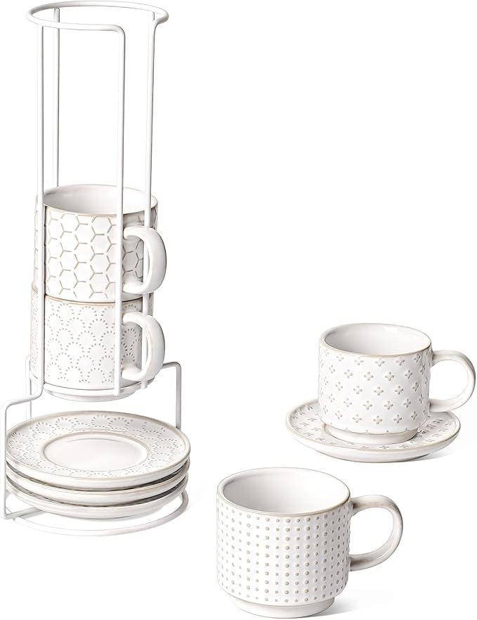 LE TAUCI Stackable Cappuccino Cups 6 oz with Saucers and Stand, Ceramic Embossed Coffee Mugs for Espresso Au Lait, Latte, Cafe, Mocha,Tea, Dishwasher Oven Safe - Set of 4, Arctic white