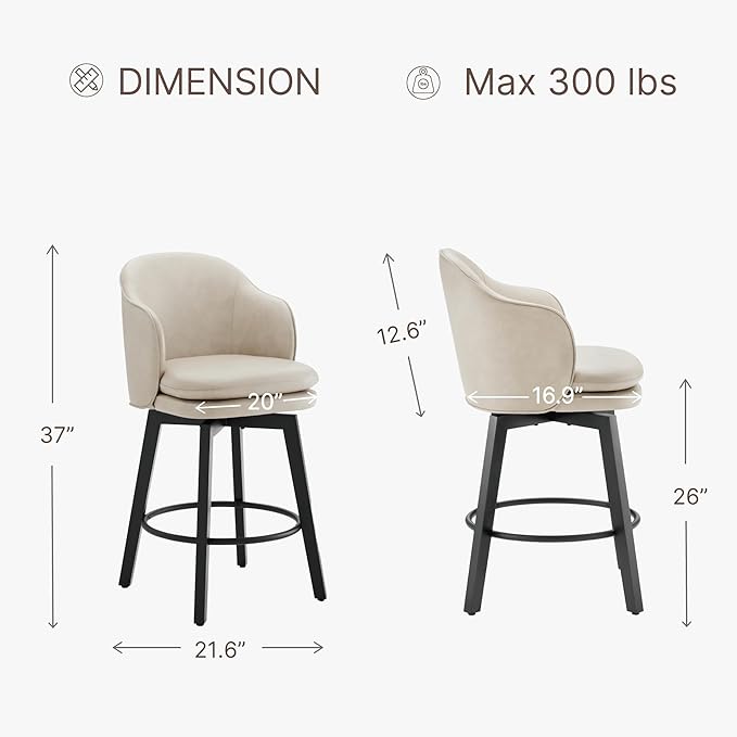 Counter Height Barstools 26 inch Upholstered Swivel Bar Stools with Back and Wood Legs for Kitchen Island,Set of 2,Beige PU Leather