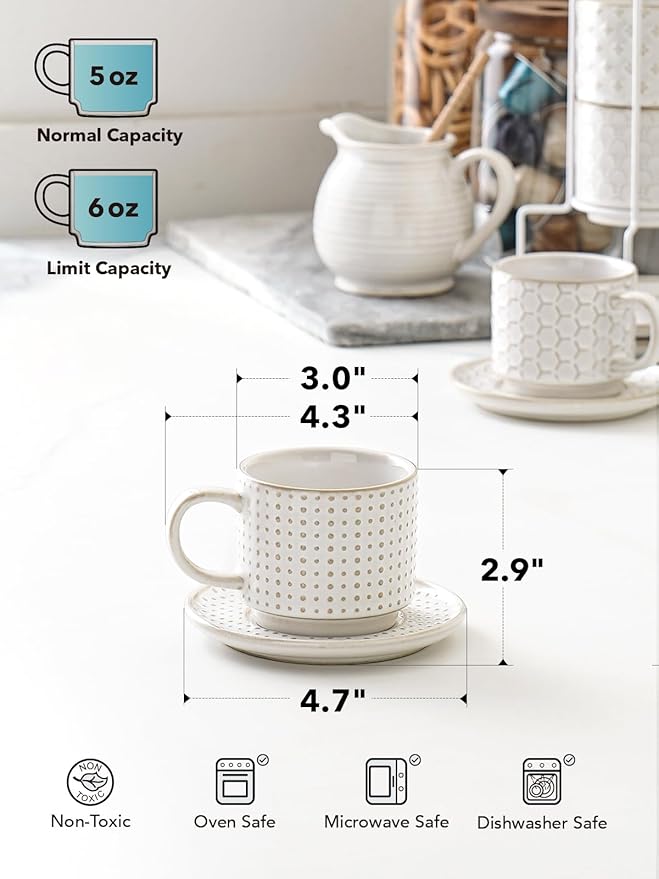 LE TAUCI Stackable Cappuccino Cups 6 oz with Saucers and Stand, Ceramic Embossed Coffee Mugs for Espresso Au Lait, Latte, Cafe, Mocha,Tea, Dishwasher Oven Safe - Set of 4, Arctic white