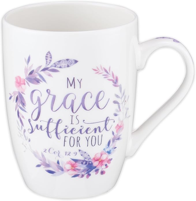 Christian Art Gifts Encouraging Ceramic Coffee & Tea Scripture Mug for Women: My Grace Is Sufficient Inspirational Bible Verse, Microwave/Dishwasher Safe, Cute Drinkware, White & Purple Floral, 12 oz.