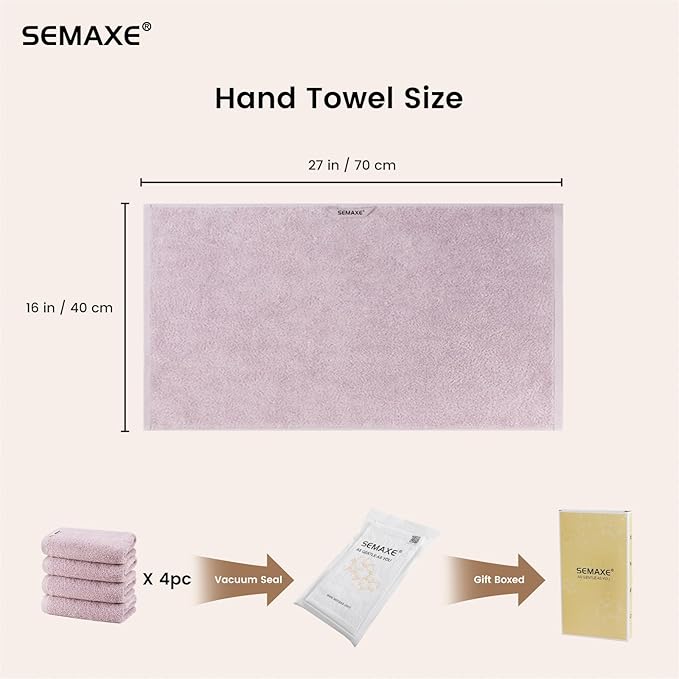 SEMAXE Purple Hand Towels for Bathroom, 100% Cotton Towels with Hanging Loops, Soft and Highly Absorbent, 4 Pack Hand Towel Set for Gym, Shower, Hotel, Spa and Kitchen