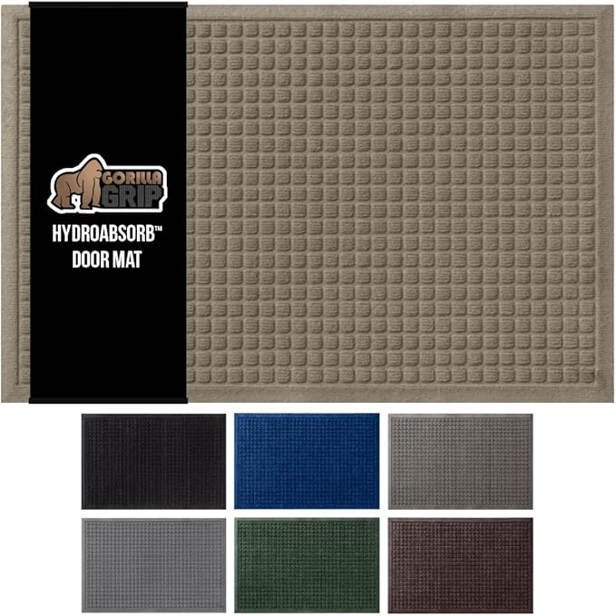 GORILLA GRIP Front Door Mat, 72x24, Indoor Outdoor Ultra Absorbent HydroAbsorb Doormat, Absorbs Up to 2.75 Cups of Water, Stain and Fade Resistant, Rubber Backing Doormats, Captures Dirt, Beige