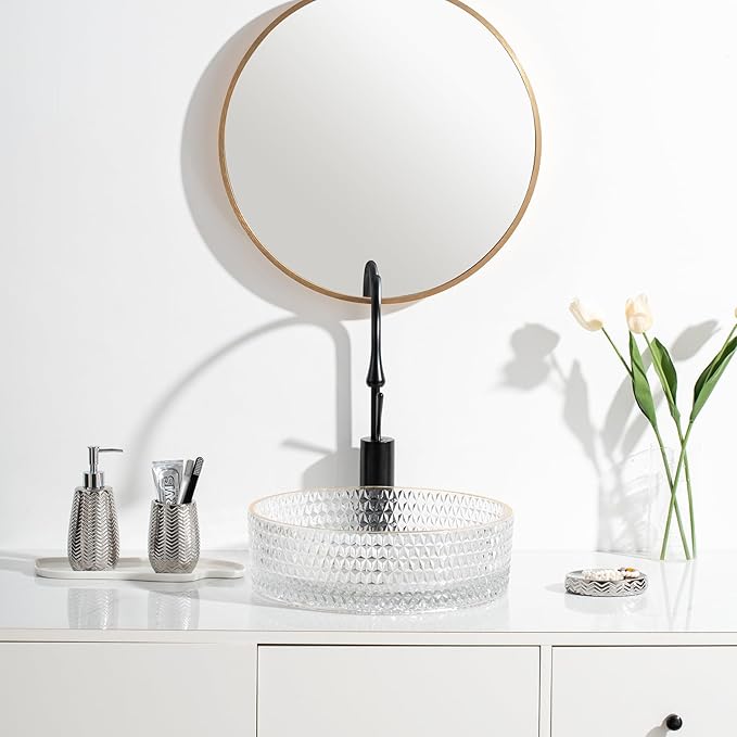Silver Bathroom Accessories Set 3 Piece, Soap Dispenser, Toothbrush Holder and Soap Dish, Wave Design Stylish Elegant Ceramic Bathroom Decor