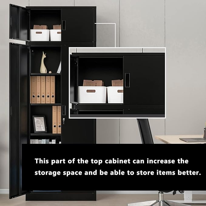 BESFUR Metal Storage Cabinet 87" H，Black Locking Storage Cabinets with Top Cabinet and 4 Adjustable Shelves for Home Office, Garage,School, Apartment, Warehouse, Utility Room