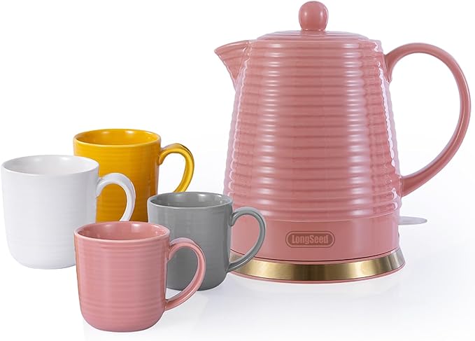 1.2 Liters Ceramic Electric Kettle with Infuser & Mug Set,1000W Fast Boil Water for Tea Coffee, Teapot with Boil-Dry Protection Auto Shut Off, Detachable Swivel Base