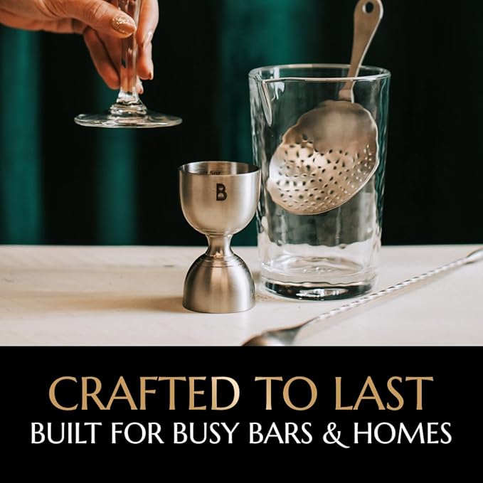 Double Bell Jigger by Bull In China - 0.25oz to 2oz Measures for Cocktails, Bars & Bartenders (Antique Brass)