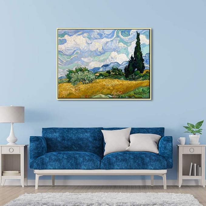 Wieco Art Framed Canvas Art Wheat Field with Cypresses by Van Gogh Classical Paintings Reproduction Modern Canvas Print Wall Art Landscape Pictures Artwork for Home Office Decor