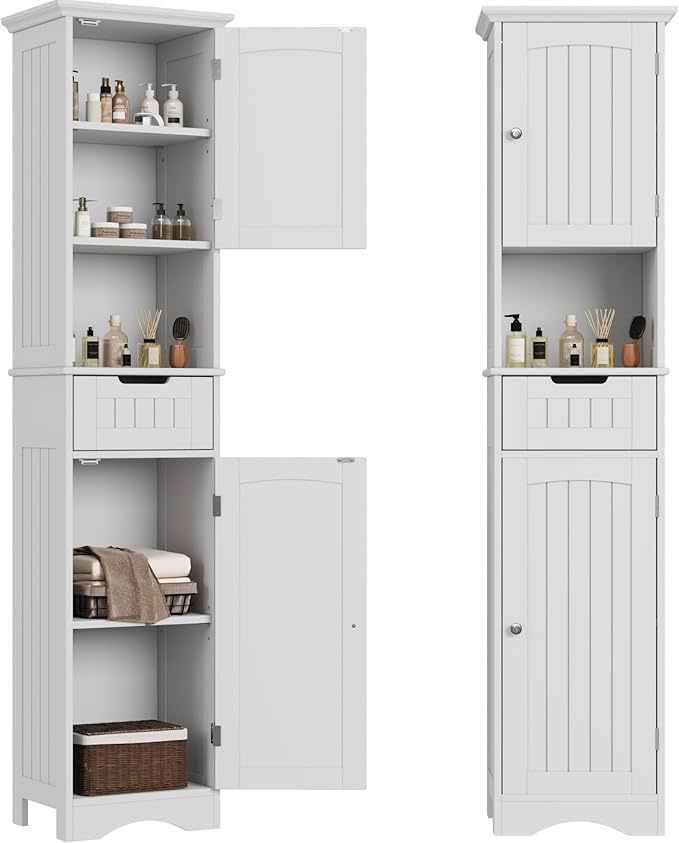 ChooChoo 67" Tall Bathroom Storage Cabinet, Narrow Bathroom Cabinet with 2 Doors and 1 Drawers, Freestanding Cupboard Floor Cabinet with Adjustable Shelves for Living Room, Kitchen, White