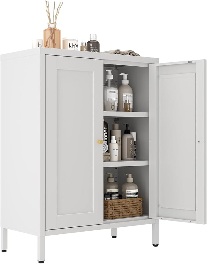 Metal Bathroom Cabinet, Small Floor Storage Cabinet, Freestanding Sideboard with 2 Adjustable Shelves for Living Room, Dinging Room (White, 31.5" H-2 Doors)