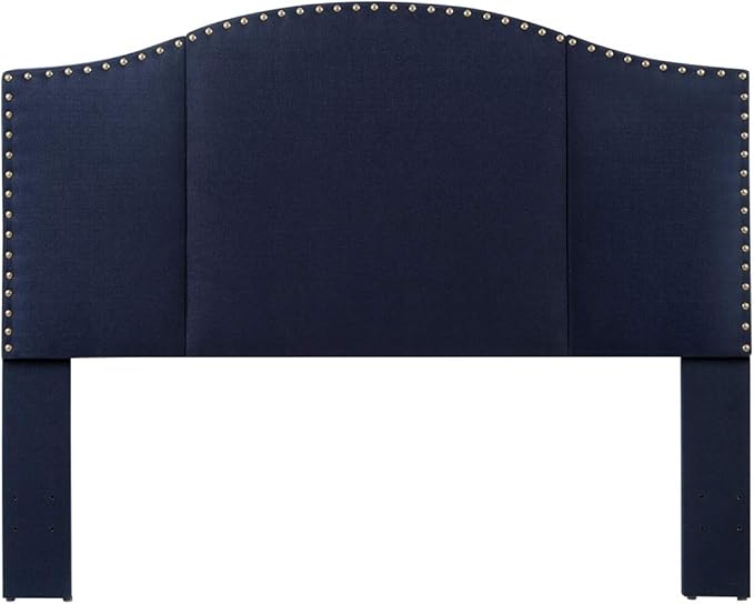 24KF Middle Century Linen Upholstered Tufted Queen Size Headboard with Antique Brass Nails Queen/Full headboard -Navy Blue