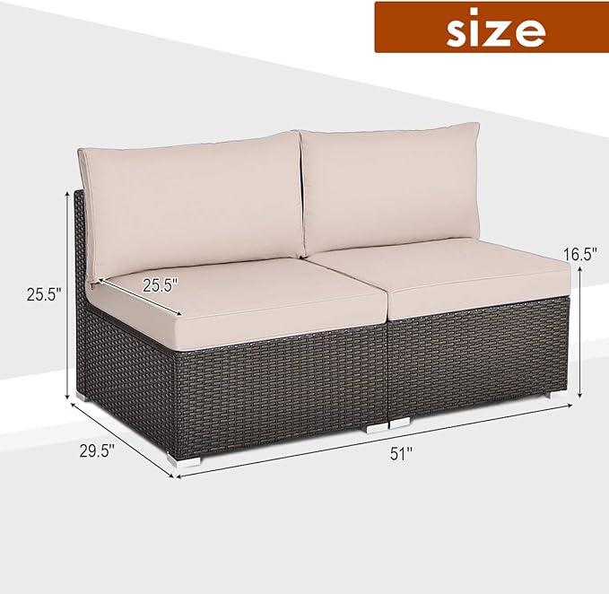 COSTWAY 2PCS PE Rattan Armless Sofa, Wicker Patio Conversation Set Chairs with Soft Cushion, Outdoor Sectional Furniture for Yard, Poolside (Beige)