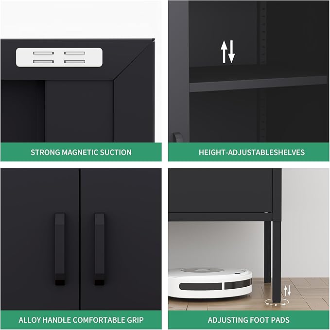 Bathroom Floor Storage Cabinet,40H Small Metal Cabinets for Storage with Doors,2 Door Black Towel Freestanding Cabinet for Small Spaces,Two Door Hallway Short Cabinets,Shallow Low Cupboard