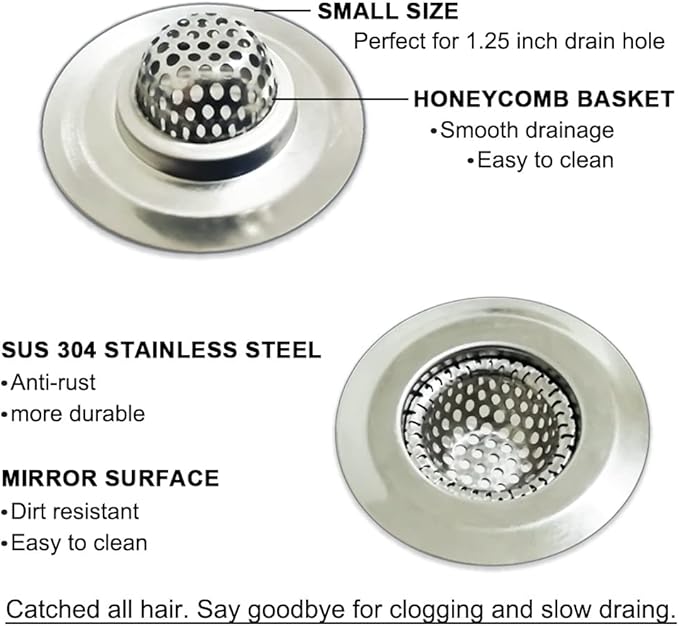 1.25" Small Drain Strainer, Sink Drain Hair Catcher, Bathroom Sink Strainer, 2PCS Drain Mesh Baskets for Laundry, Mop Pool, Utility, Slop, RV Sink, Stainless Steel Drain Filter